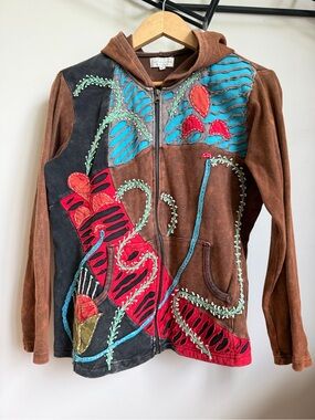 Embroidered Brown Patchwork Zip Hoodie with Multicolor Appliqué